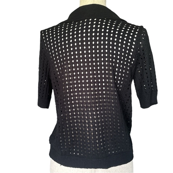 By Design Black Crochet Open-Knit Button-Up Short Sleeve Top Cardigan Spring  L - Picture 3 of 6